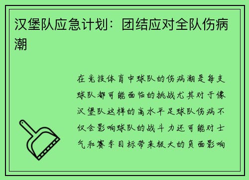 汉堡队应急计划:团结应对全队伤病潮 汉堡队应急计划:团结应对全队伤病潮
