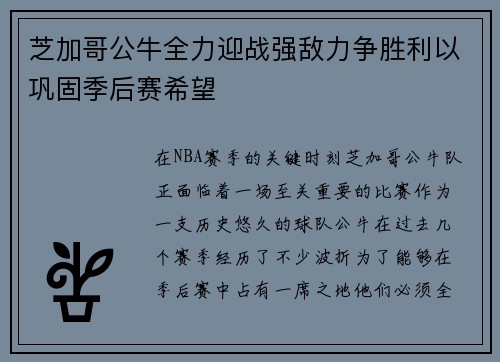 芝加哥公牛全力迎战强敌力争胜利以巩固季后赛希望